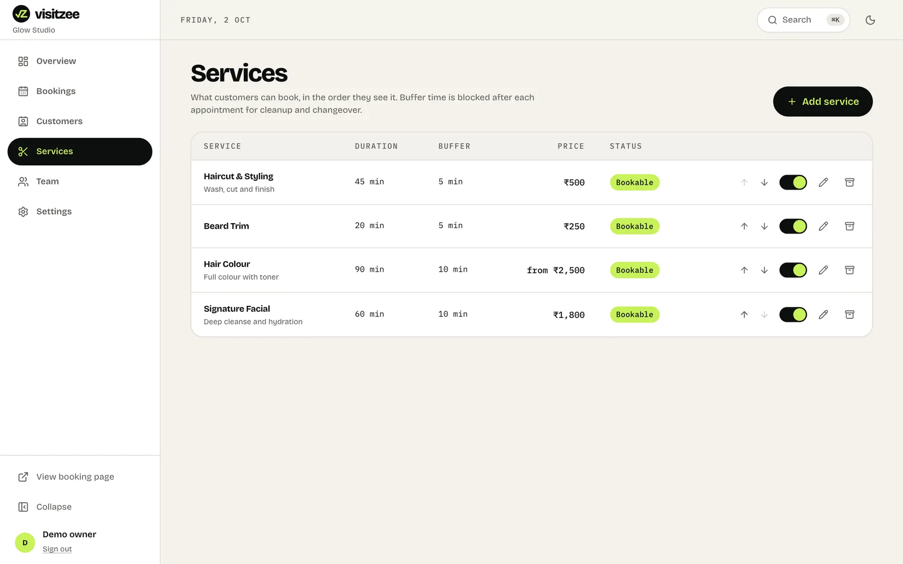 The services list with durations and prices
