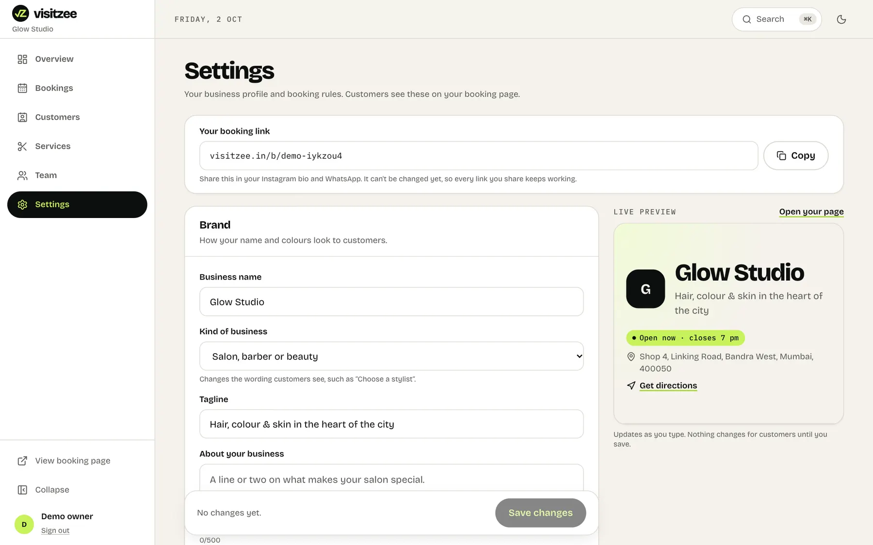 Settings with a live preview of the booking page