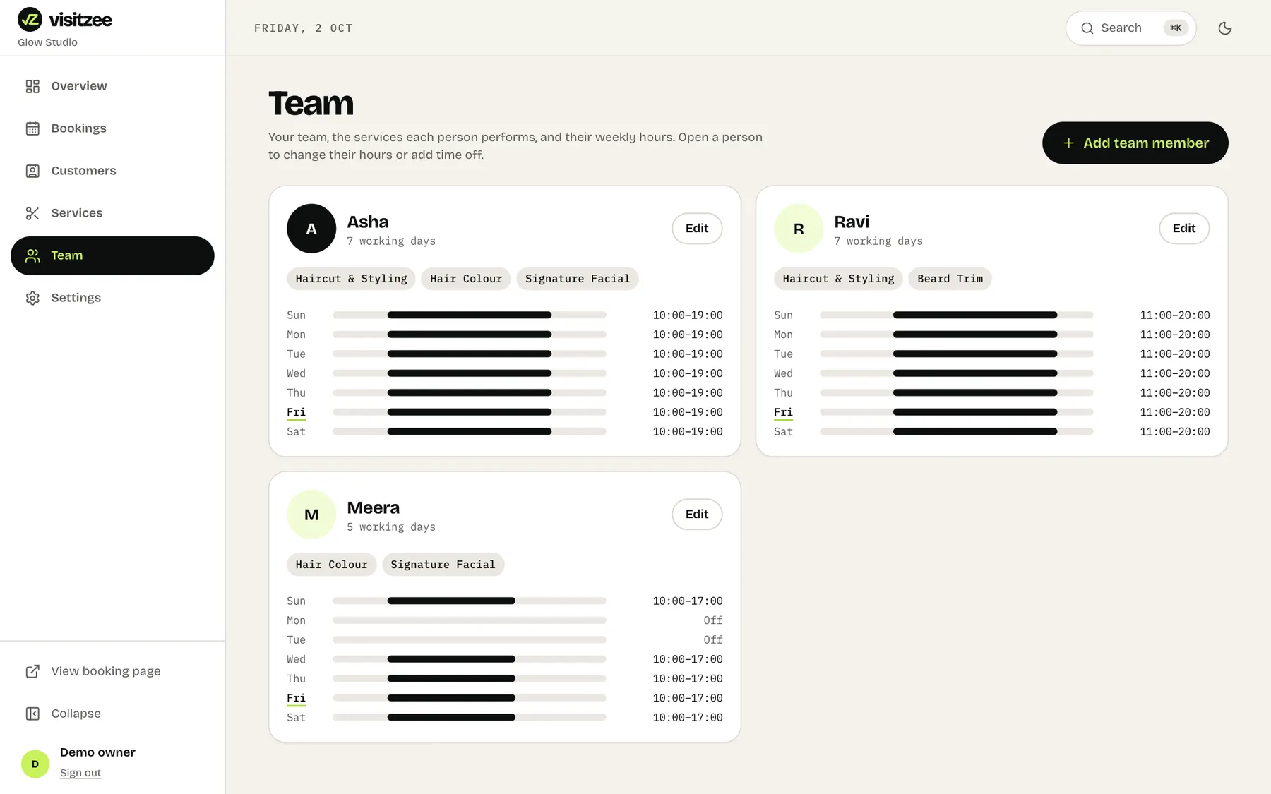 The team page listing each person and the services they do